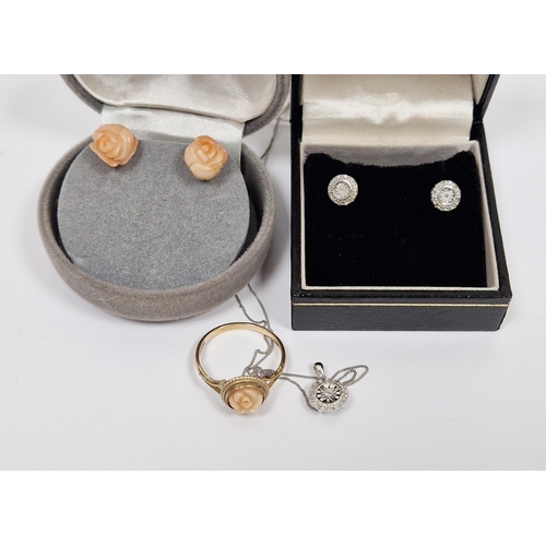 811 - 9ct white gold and small diamond pendant and earrings and a 9ct gold and coral dress ring and earrin... 