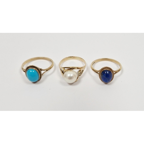 813 - Gold-coloured metal and pearl dress ring, a gold-coloured metal and lapis dress ring and a gold and ... 