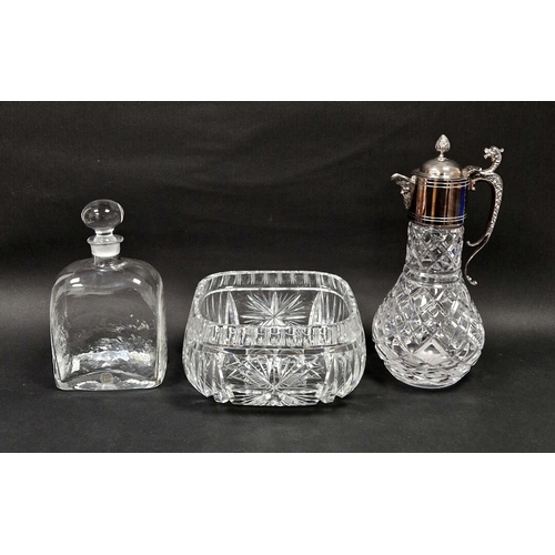 96 - Dartington glass decanter with stopper, a cut glass claret jug with silver plated mount and a cut gl... 