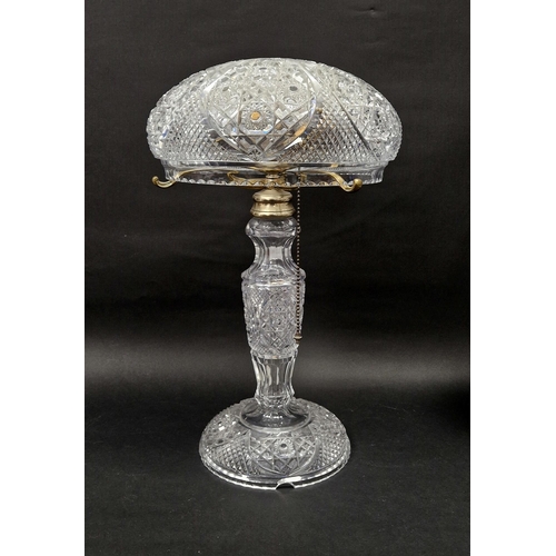 99 - Edwardian cut glass mushroom shaped table lamp with brass fittings, 47cm high