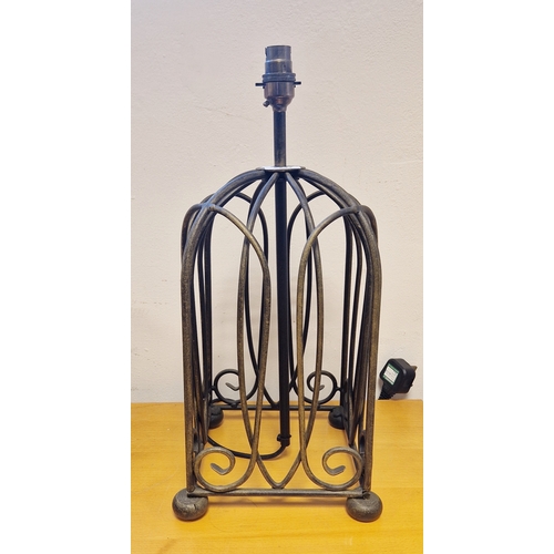 1316 - Contemporary bronzed wrought-iron style cagework table lamp, with scroll square section, cage and bu... 