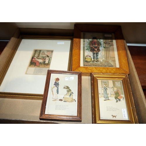 1323 - Three framed prints after Kate Greenway and one other framed early 20th century print in a burr mapl... 