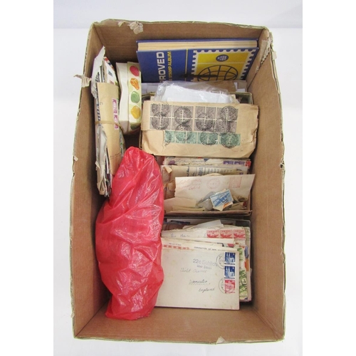 104 - All world stamps: Boxed collection of small album, various cartons, bundle and bag filled with mainl... 