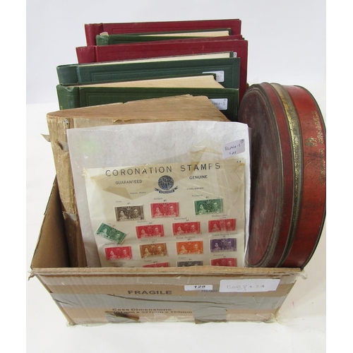 128 - World stamps: Box of 6 large albums (4 sparsely filled), tin and sleeve of mint and used, mainly def... 