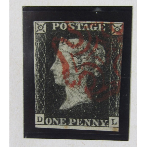 162 - GB stamp: Line engraved Penny Black, DL, red Maltese cross in presentation glass frame.