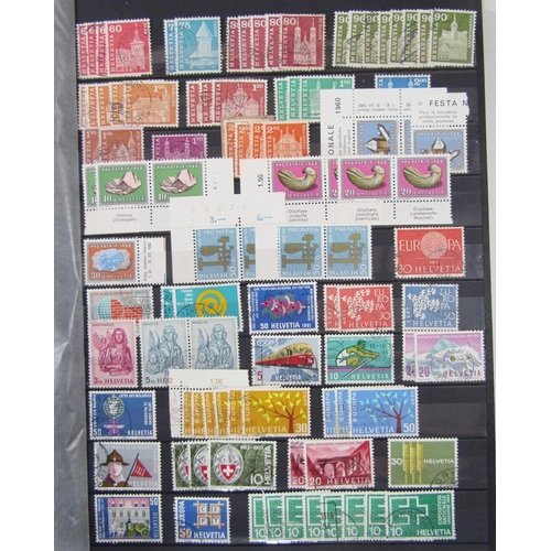 190 - Stamps of Switzerland: Box of 3 large stock-books and 3 albums (2 empty with purposed pages) of mint... 