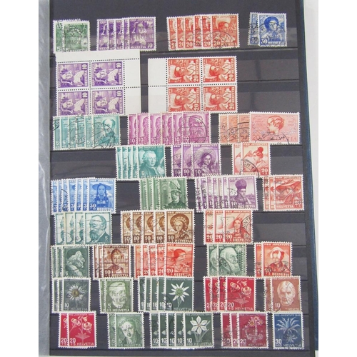 190 - Stamps of Switzerland: Box of 3 large stock-books and 3 albums (2 empty with purposed pages) of mint... 