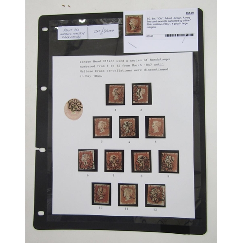 215 - GB stamps: Page of QV 1d reds and 1d pink with numeric Maltese Cross postmarks, 1-12. SG cat £3200+.... 