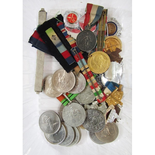 226 - Collection of commemorative medals, WWII medals, brass RGBW buckle, badges and RAF plaque.