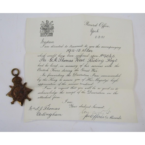 229 - WWI 1914-15 Star, War Medal and Victory Medal awarded to '9565.PTE.G.H.THOMAS.W.RID.R'., George Henr... 