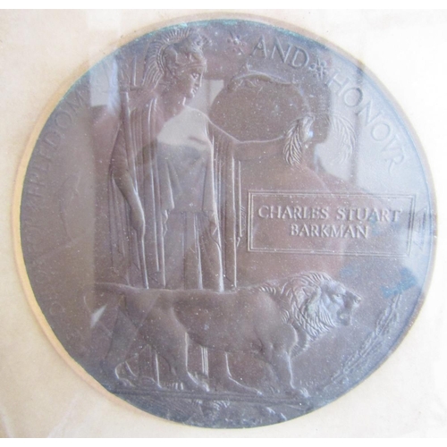 240 - WWI memorial plaque named to 'Charles Stuart Barkman', framed with photograph, Rifleman Barkman, 21s... 