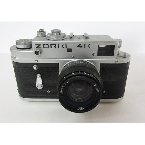 280 - Three USSR cameras, comprising Zorki 4K, no 75895905, with Jupiter 8 2/50 lens, Kiev with 2/53 lens ... 