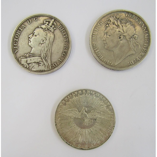 307 - Silver world and English coins, George IV Crown, laurette head left, rev St George and Dragon date (... 