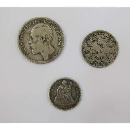 307 - Silver world and English coins, George IV Crown, laurette head left, rev St George and Dragon date (... 