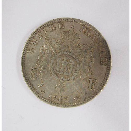 319 - Group of coins consisting of 1867 five francs about VF, 1935 x 2 rocking horse crowns, 1968 Mexico O... 