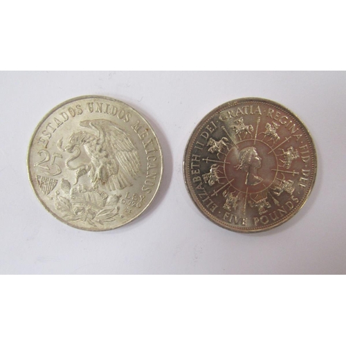 319 - Group of coins consisting of 1867 five francs about VF, 1935 x 2 rocking horse crowns, 1968 Mexico O... 