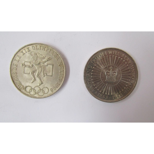 319 - Group of coins consisting of 1867 five francs about VF, 1935 x 2 rocking horse crowns, 1968 Mexico O... 