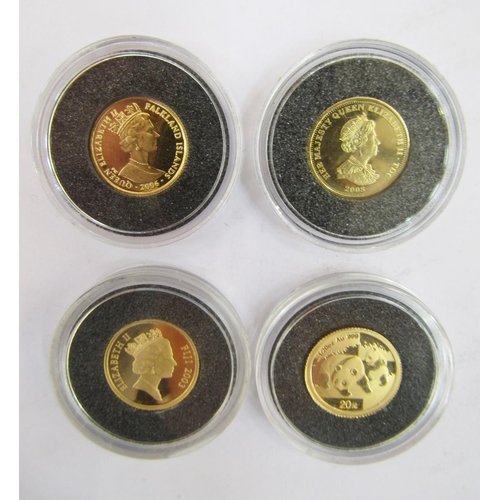 347 - 4 x gold coins, 3 x .999 purity, 1 x .917 purity, China 20 Yuan, Falkland Islands half crown, Fiji 1... 