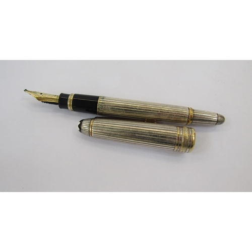 366 - Montblanc Meisterstuck silver fountain pen, ribbed silver case with gold band detailing, hallmarked ... 