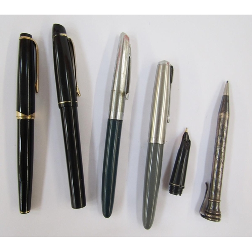 376 - Eversharp silver propelling pencil, a Platinum fountain pen, a Parker grey and stainless steel fount... 