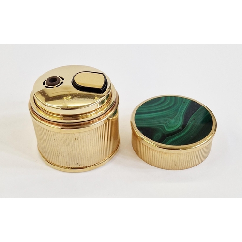 394 - Dunhill gilt metal and malachite electric table lighter, cylindrical, the top inset with malachite p... 