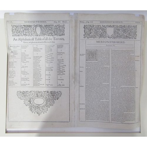 399 - Map of 'Merionethshire' by John Speed, circa 1610, 43cm x 52cm, unframed and a map of 'The Fennes' b... 