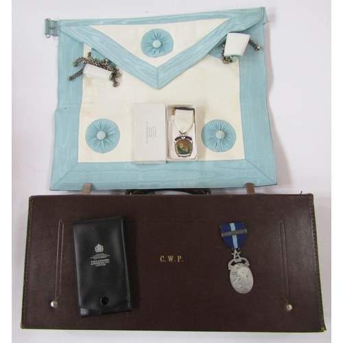 421 - Collection of Masonic regalia including aprons, clothing, a Royal Masonic Institution for Girls silv... 