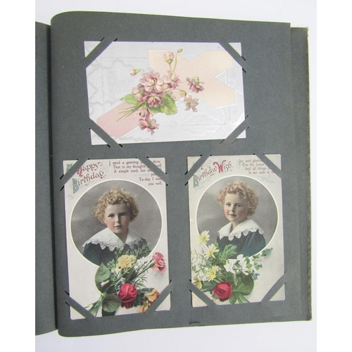 438 - Early 20th century postcard album containing colour, black and white greetings and other cards, 50 p... 