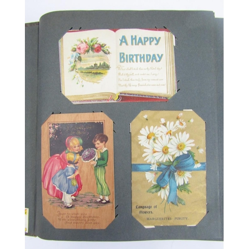 438 - Early 20th century postcard album containing colour, black and white greetings and other cards, 50 p... 