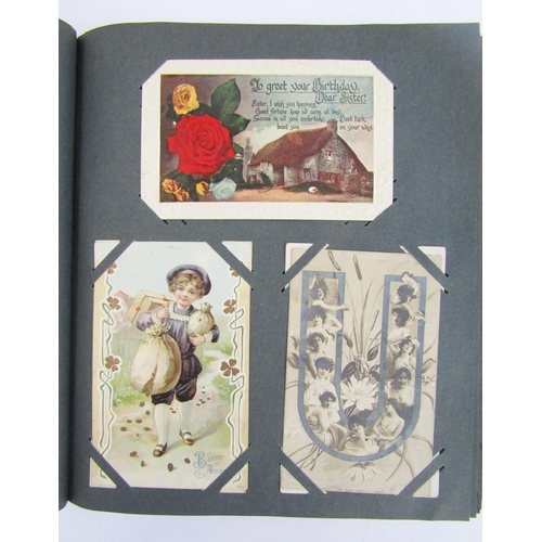 438 - Early 20th century postcard album containing colour, black and white greetings and other cards, 50 p... 