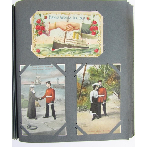 438 - Early 20th century postcard album containing colour, black and white greetings and other cards, 50 p... 