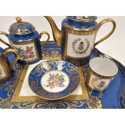 1 - Late 19th century Sevres-style turquoise ground cabaret tea set, printed Sevres-style marks, red cro... 