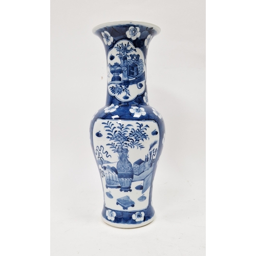 126 - Chinese porcelain inverse baluster vase with tall neck, panels of precious objects, on a blue wash a... 