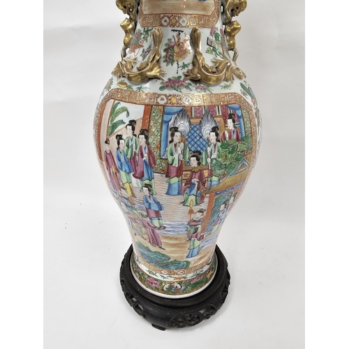 130 - Large Chinese canton porcelain vase, baluster shape with scalloped everted rim, gilt Dog of Fo handl... 