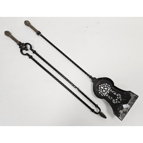 131 - Set of two Georgian fire irons being a shovel with pierced pan together with tongs, each polished fa... 