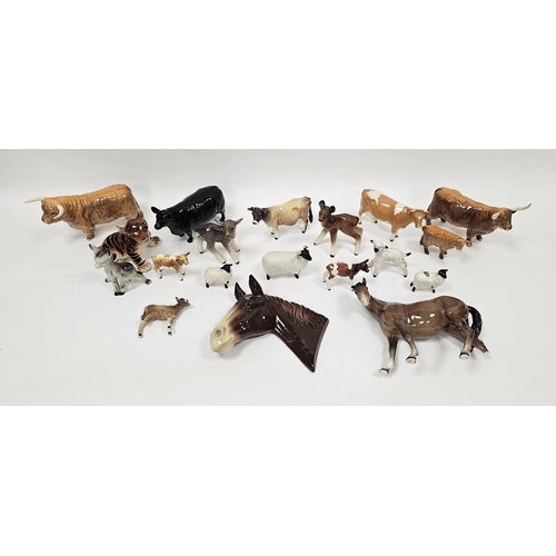 14 - Collection of Beswick and other animals including Highland cattle group comprising bull, cow and cal... 