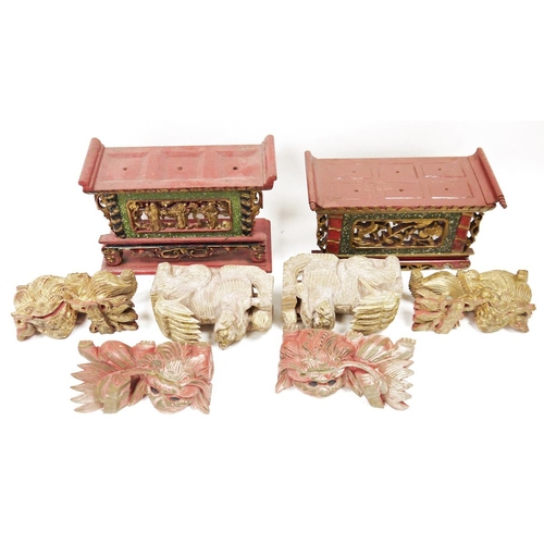 149 - Collection of Chinese wooden carved items including two Chinese wooden red lacquered altar tables lo... 