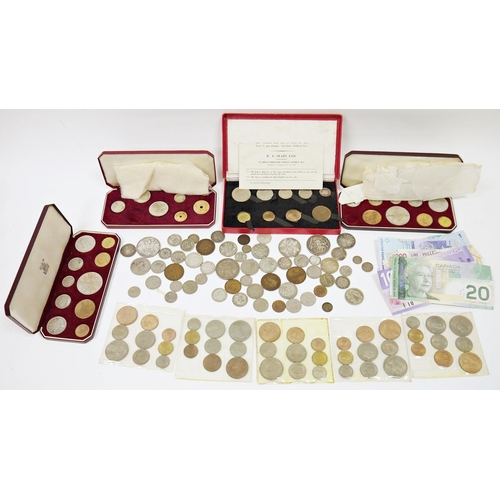 150 - Collection of silver and other coins plus bank notes including three Victorian silver crowns, Victor... 