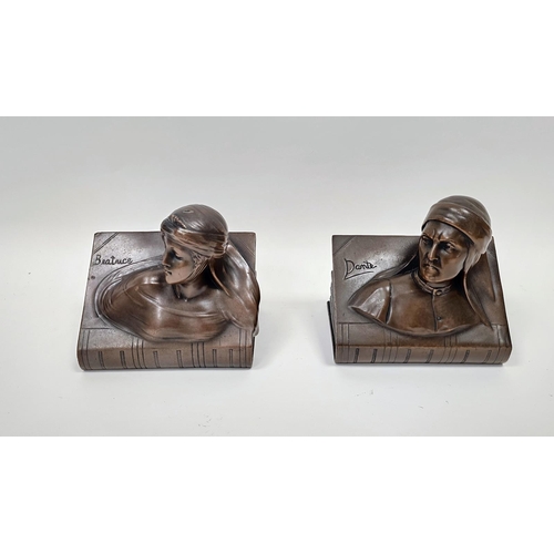 152 - Pair bronze-effect book ends in the form of Beatrice and Dante busts, each 15cm wide x 15cm high x 1... 