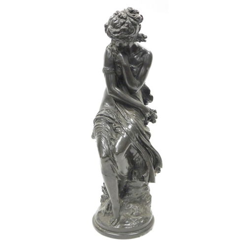 155 - After Mathurin Moreau, large bronzed resin figure of classical woman seated on a rock and draped sem... 