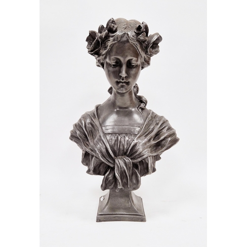 158 - French-style silvered composition bust of girl with flowers in her hair, on waisted square base, 47c... 