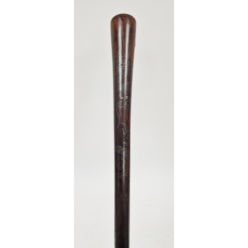 159 - Chinese hardwood metal inlaid walking cane, early 20th century, inset with a dragon chasing flaming ... 