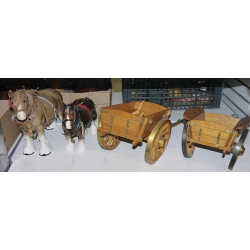 170 - Three ceramic shire horses in harness with three wooden carts