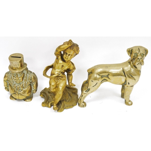 181 - Cast brass Transvaal moneybox in the form Paul Kruger 15cm high together with in a cast brass rococo... 