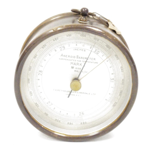 186 - Early 20th century brass cased circular aneroid barometer, Mark I by  T A Reynolds  Son & Wardale Lt... 