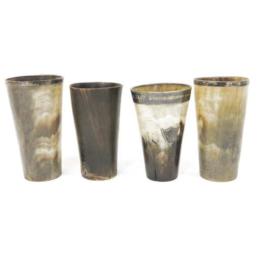 190 - Four 19th century horn beakers, one with silver plated rim engraved for a steeplechase dated 1897 wi... 