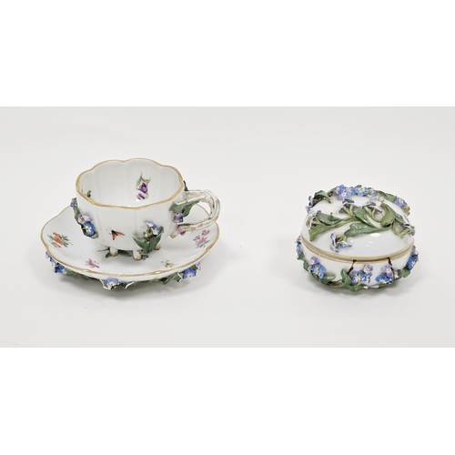 2 - Late 19th century Meissen flower-encrusted teacup and saucer and a circular domed box and cover, blu... 