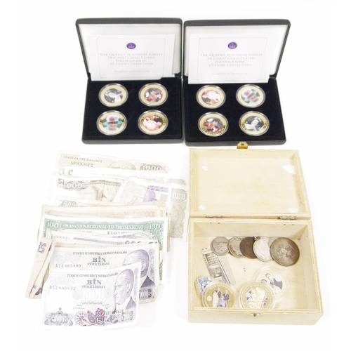 208 - Coins and banknotes - two cased Jubilee Mint Queen's Platinum Jubilee 24 carat gold plated photograp... 