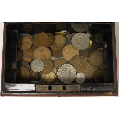 216 - Coins and collectables including Victorian cash tin with mixed mainly pre-decimal and foreign, two c... 