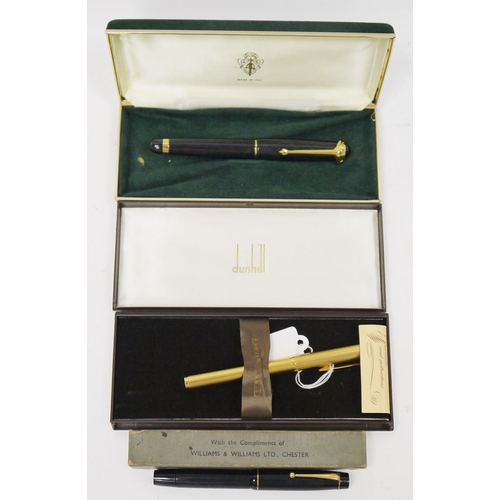 225 - Three fountain pens, including a cased Dunhill gold plated fountain pen with 14ct nib, an Onoto The ... 